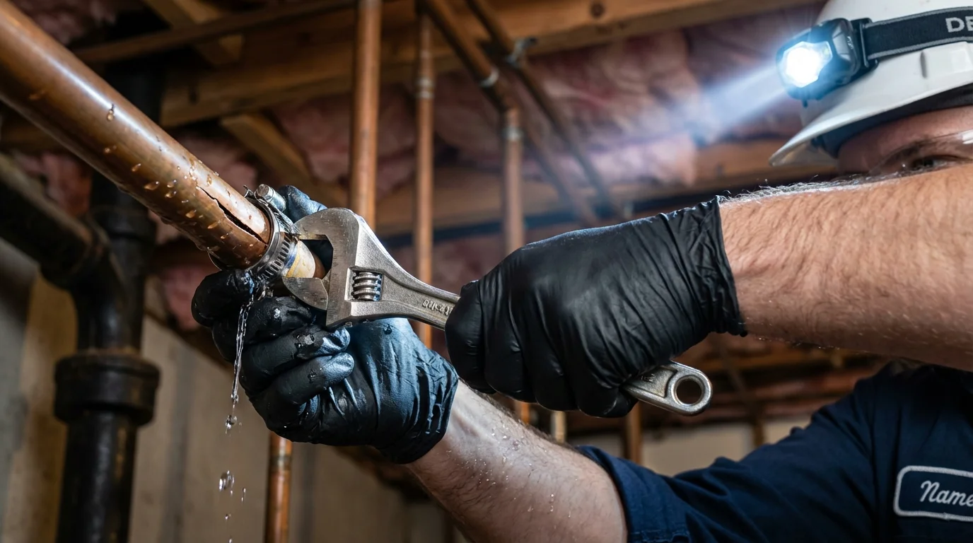 Emergency pipe clamp repair being performed by a Johns Plumbing LLC plumber in Marmaduke