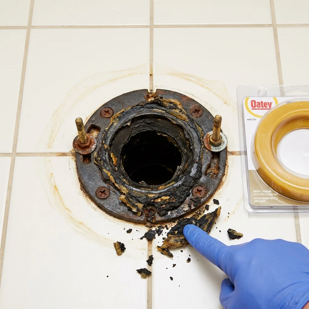 Failed wax ring showing water seepage at the base of a toilet in a Marmaduke, AR home