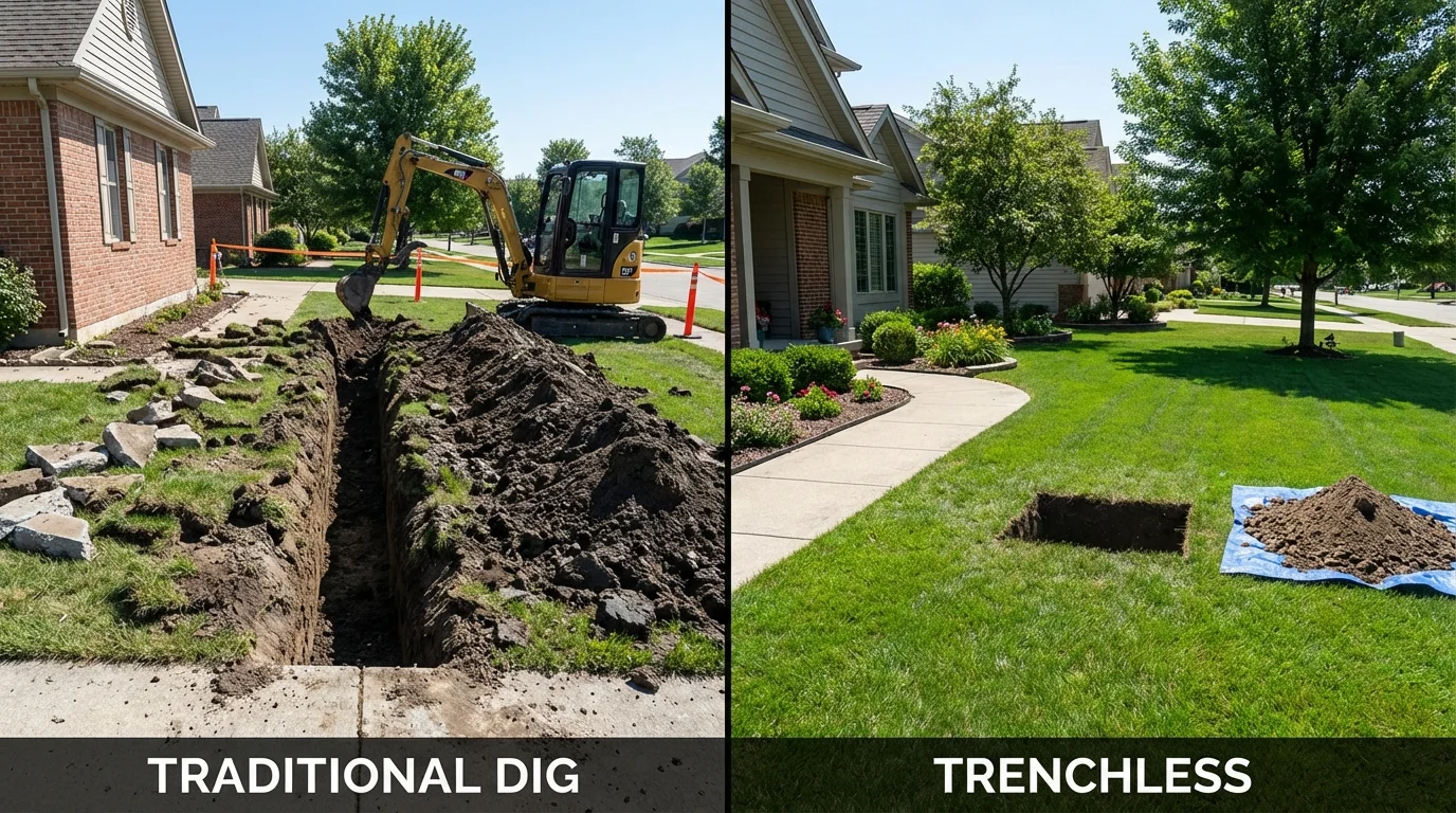 Trenchless sewer repair with minimal yard damage versus traditional excavation in Marmaduke, AR
