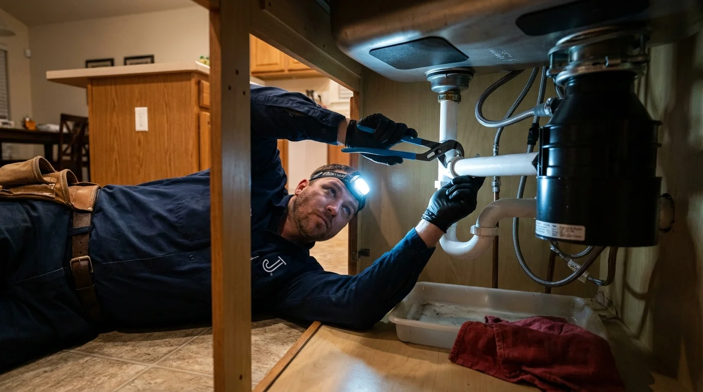 P-trap and supply line connections under a kitchen sink showing a common leak point in Marmaduke, AR